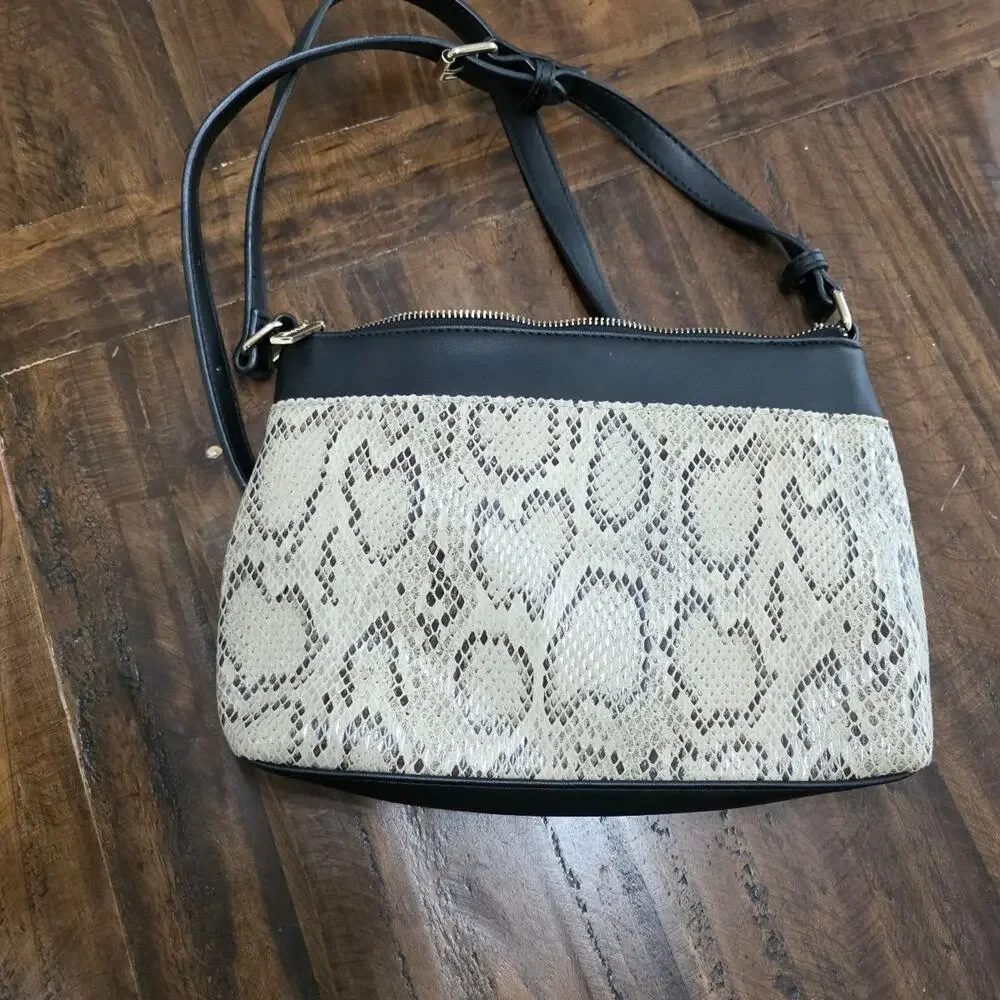 Anne Klein Snake Print Crossbody Bag Black Faux Leather Small Shoulder Handbag